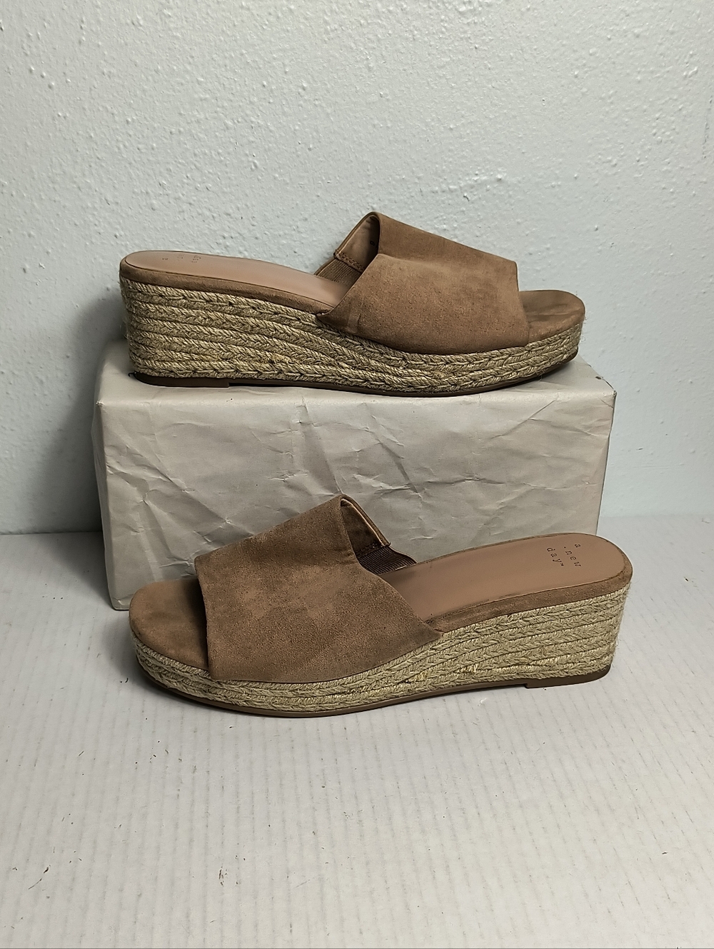 a.new.day Mavis Size 9 Tan Espadrille Wedges Slide Sandals Shoes Boho